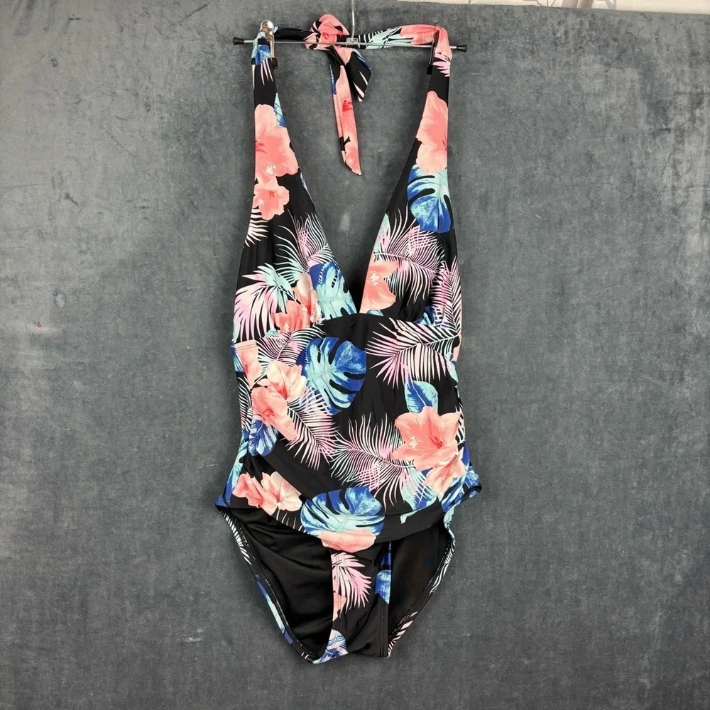 EUC DKNY Women’s Floral One Piece Halter tie Swimsuit sz Small